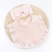 Baby gauze bow headband ruffled bib saliva towel set  Pink