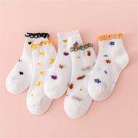 5 pares de calcetines infantiles de media pantorrilla con encaje y rejilla de flores  Blanco