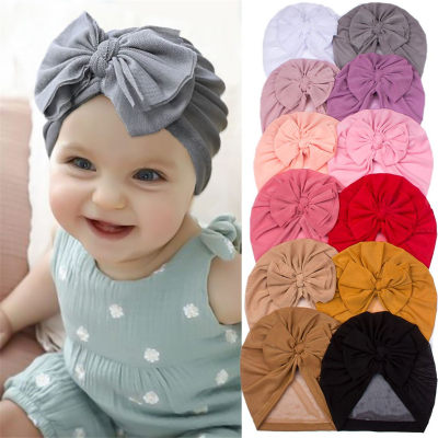 Chapeau turban en maille avec nœud de couleur unie pour bébé