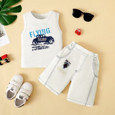 2-piece Toddler Boy Pure Cotton Letter and Vehicle Printed Vest ( Random Color) & Matching Shorts