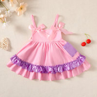 Baby Girl Color-block Patchwork Ruffled Bowknot Decor Cami Dress  Rosa