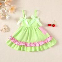 Baby Girl Color-block Patchwork Ruffled Bowknot Decor Cami Dress  verde