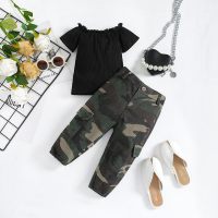 Summer girls' short-sleeved tops and camouflage pants two-piece set  Black
