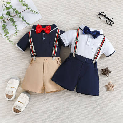 2-piece Toddler Boy Bowtie Decor Short Sleeve Polo Shirt & Solid Color Suspender Shorts