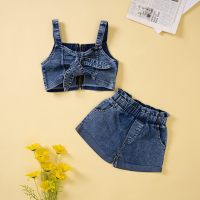 Summer girls denim suit suspender shorts two-piece set  Blue