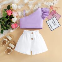 Traje de verano para niñas traje de dos piezas con tirantes y pantalones cortos  Púrpura