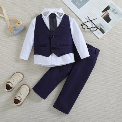 Camisa de manga comprida infantil de 3 peças de cor lisa e colete e calça combinando
