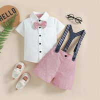 Children's gentleman's summer short-sleeved shirt overalls two-piece set  Pink