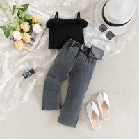 Summer Girls Suit Black Suspender Jeans Two Piece Set  Black
