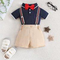 2-piece Toddler Boy Bowtie Decor Short Sleeve Polo Shirt & Solid Color Suspender Shorts  Deep Blue