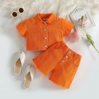 Terno de verão para meninas, cor sólida, manga curta, top e shorts, terno de duas peças  laranja