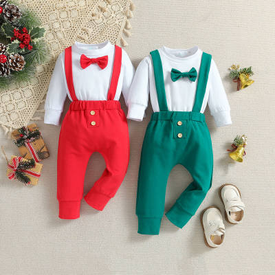 Baby Boy 2 Pieces Solid Color bow Decor Bodysuit & Suspender Pants