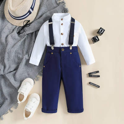 2-piece Toddler Boy Solid Color Stand Up Collar Long Sleeve Shirt & Matching Suspender Pants