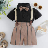 4-piece Toddler Boy Solid Color Short Sleeve Shirt & Striped Dungarees & Bowtie  Black