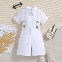 Traje de vestir de verano para niños, camisa de manga corta, pantalones cortos con tirantes, conjunto de dos piezas  Blanco