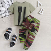 2-piece Toddler Boy Stripe Pattern Short Sleeve T-shirt & Camouflage Pants  Army Green