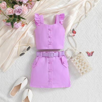 Summer girls' solid color halter top and skirt two-piece set