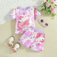 Children's summer suit girls short-sleeved printed T-shirt shorts two-piece suit  Purple
