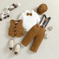Baby Boy 6 Pieces Gentleman Style Vest & Bodysuit & Pants & Hat & Shoulder Strap & Bow  Brown