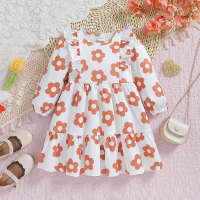 Toddler Girl Floral Ruffles Autumn Long-sleeve Dress  Orange