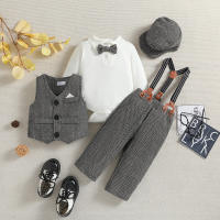 Baby Boy 6 Pieces Gentleman Style Vest & Bodysuit & Pants & Hat & Shoulder Strap & Bow  Gray