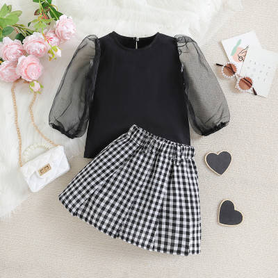 2-piece Toddler Girl Solid Color Mesh Patchwork Long Sleeve Blouse & Plaid Skirt
