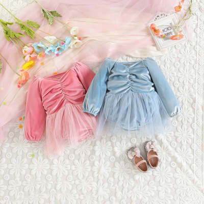 Baby Girl Solid Color Pleats Decor Velvet Bodysuit Mesh Dress