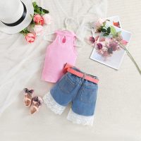 Summer girls suit pitted vest denim shorts suit  Pink