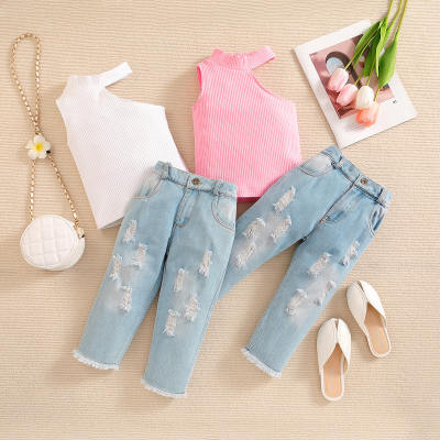 2-piece Toddler Girl Solid Color Dew Shoulder Sleeveless Top & Ripped Denim Pants