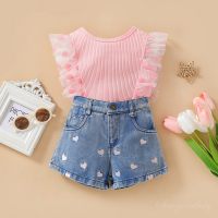 Summer girls' short-sleeved tops and denim shorts two-piece set  Pink