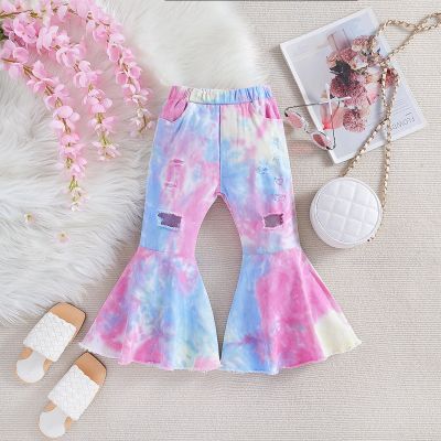 Spring and Autumn Girls Pants Baby Tie-Dye Denim Flared Pants