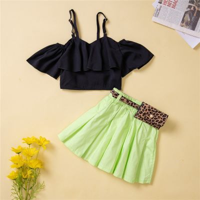 Girls Summer Suit Children's Suspender Top Pleated Skirt Waist Bag Three-piece Set