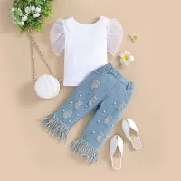 Girls summer suit mesh short-sleeved top and jeans two-piece set  White