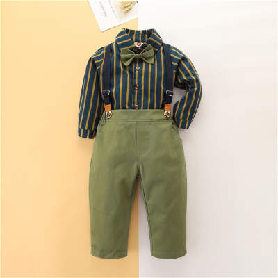 2-piece Toddler Boy Pure Cotton Striped Button-up Shirt & Solid Color Dungarees