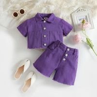 Girls summer suit solid color short-sleeved tops and shorts two-piece set  Purple