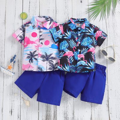 Conjunto de dos piezas de camisa y pantalones cortos estampados de manga corta para niños, traje de verano para niños