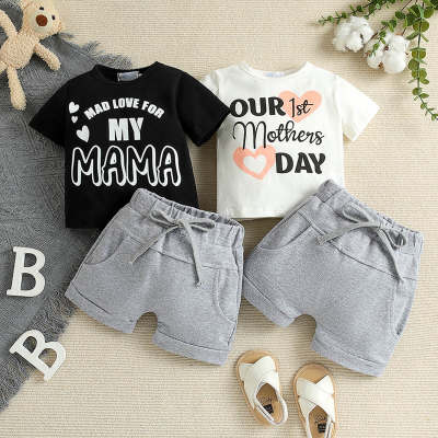 2-piece  Baby Boy Letter Printed Short Sleeve T-shirt & Solid Color Shorts