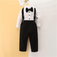 2-piece Toddler Boy Solid Color Bowtie Decor Button-up Shirt & Dungarees  White