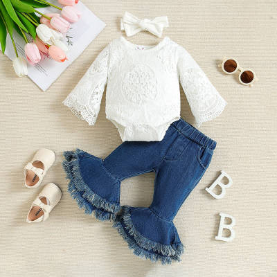 Baby Girl 3 Pieces Solid Color Lace Bodysuit & Denim Flare Pants & Headband