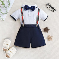 2-piece Toddler Boy Bowtie Decor Short Sleeve Polo Shirt & Solid Color Suspender Shorts  White