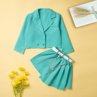 Spring girls' solid color long-sleeved suit and culottes two-piece set  Green