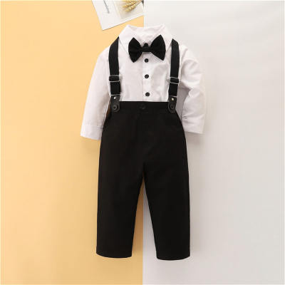 2-piece Toddler Boy Solid Color Bowtie Decor Button-up Shirt & Dungarees