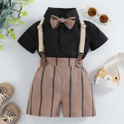 4-piece Toddler Boy Solid Color Short Sleeve Shirt & Striped Dungarees & Bowtie