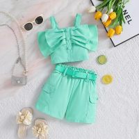 Summer girls suit solid color suspender shorts two piece suit  Light Green