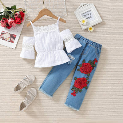 Mädchen-Sommer-Neckholder-Top und Jeans-Anzug