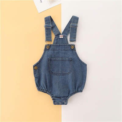 Baby Solid Color Pocket Front Dungarees Style Denim Romper