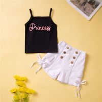 Summer girls' set of letter halter tops and shorts two-piece set  Black