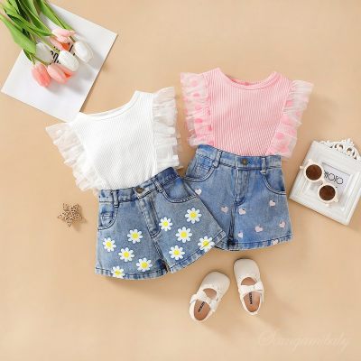 Summer girls' short-sleeved tops and denim shorts two-piece set