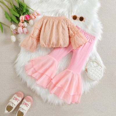 Girls' spring suit, one-shoulder top, bell-bottom pants two-piece set