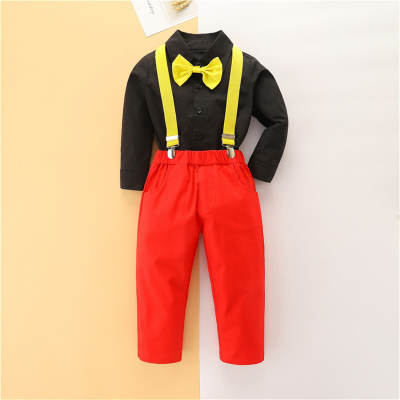 2-piece Toddler Boy Pure Cotton Solid Color Bowtie Decor Shirt & Dungarees